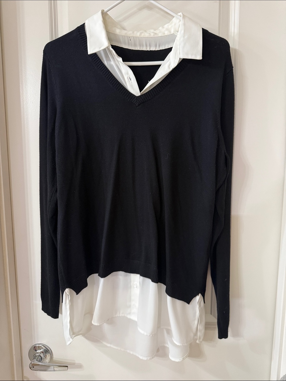 Women's Black V-Neck Sweater with White Shirt Detail